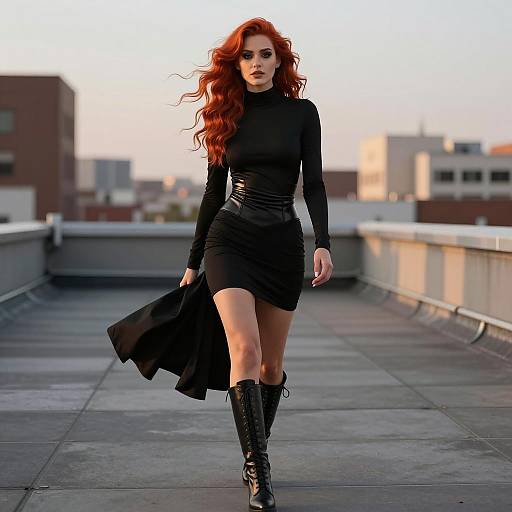 Young Woman with Red Hair in Black Dress Walking on Urban Rooftop
