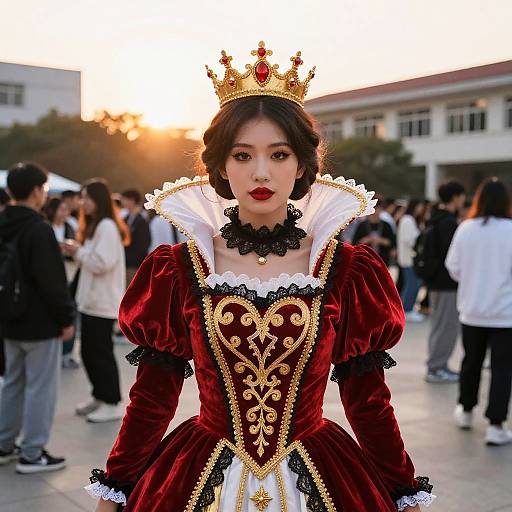 Elegant Woman in Red Renaissance Queen Costume with Gold Crown