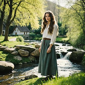 Young Woman by Stream in Countryside