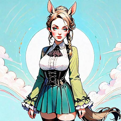 Fantasy Anime Woman with Rabbit Ears in Corset and Pleated Skirt