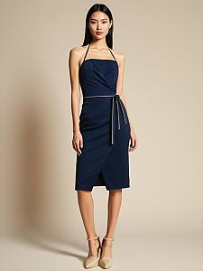 Elegant Navy Blue Halter Midi Dress on Woman with Nude Heels