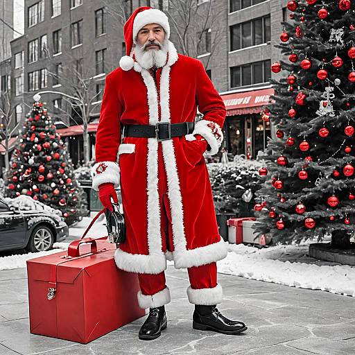 Santa Claus Holding Toolbox and Camera by Christmas Trees in City Snow
