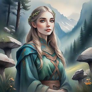 Serene Young Woman in Medieval Cloak in Misty Forest