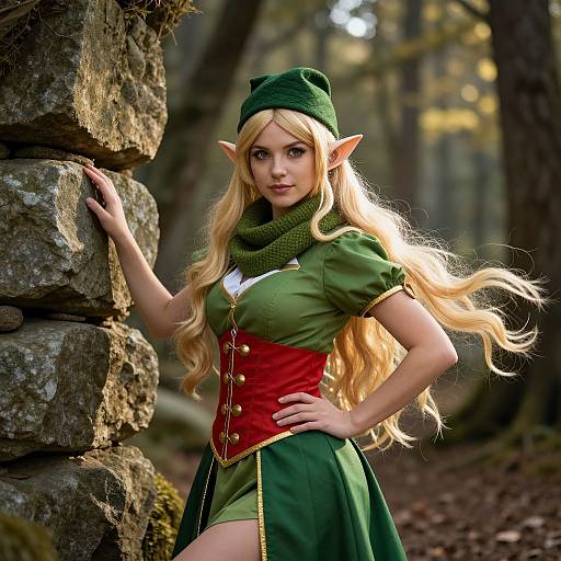 Fantasy Elf Woman Cosplay in Forest Setting Green Dress Red Corset