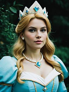 Photorealistic Woman in Princess Rosalina Cosplay Costume with Crown and Jewelry