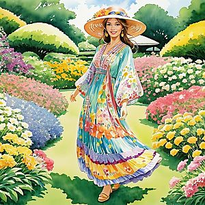 Woman in Floral Dress in a Lush Garden