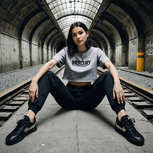 Urban Street Style Woman Sitting on Railway Tracks in Tunnel