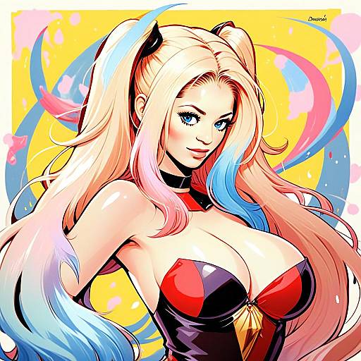 Harley Quinn Digital Art Illustration with Colorful Hair and Comic Style