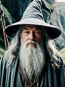 Heroic Man in Gandalf Costume with Cinematic Realism Outdoor Portrait