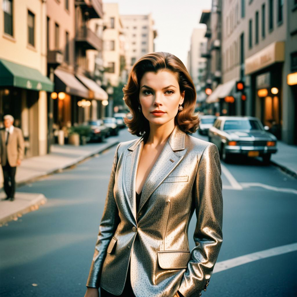 Confident Woman in Chic Metallic Blazer on City Street