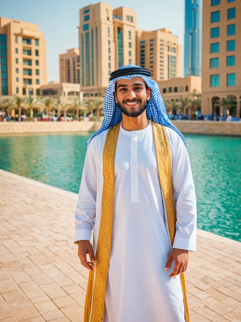 Arab Man in Traditional Emirati Attire with Dubai Architecture