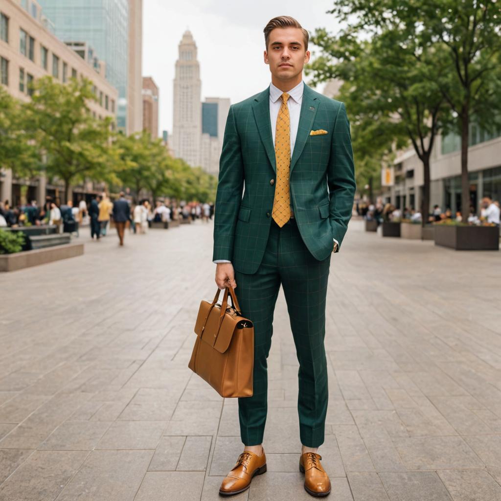 Confident Man in Green Suit in Busy City