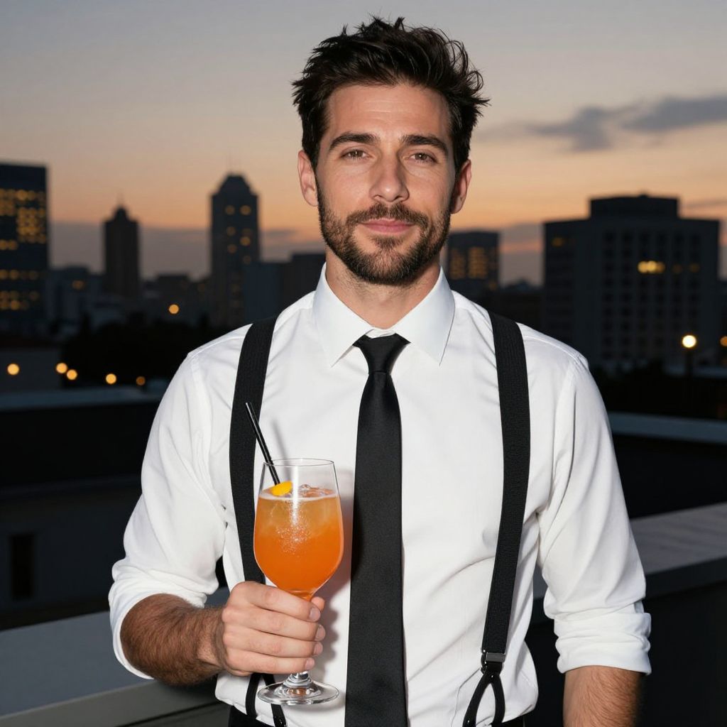 Stylish Man Holding Cocktail on Rooftop at Sunset