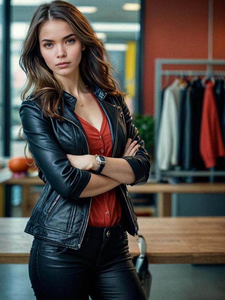 Confident Woman in Stylish Leather Jacket