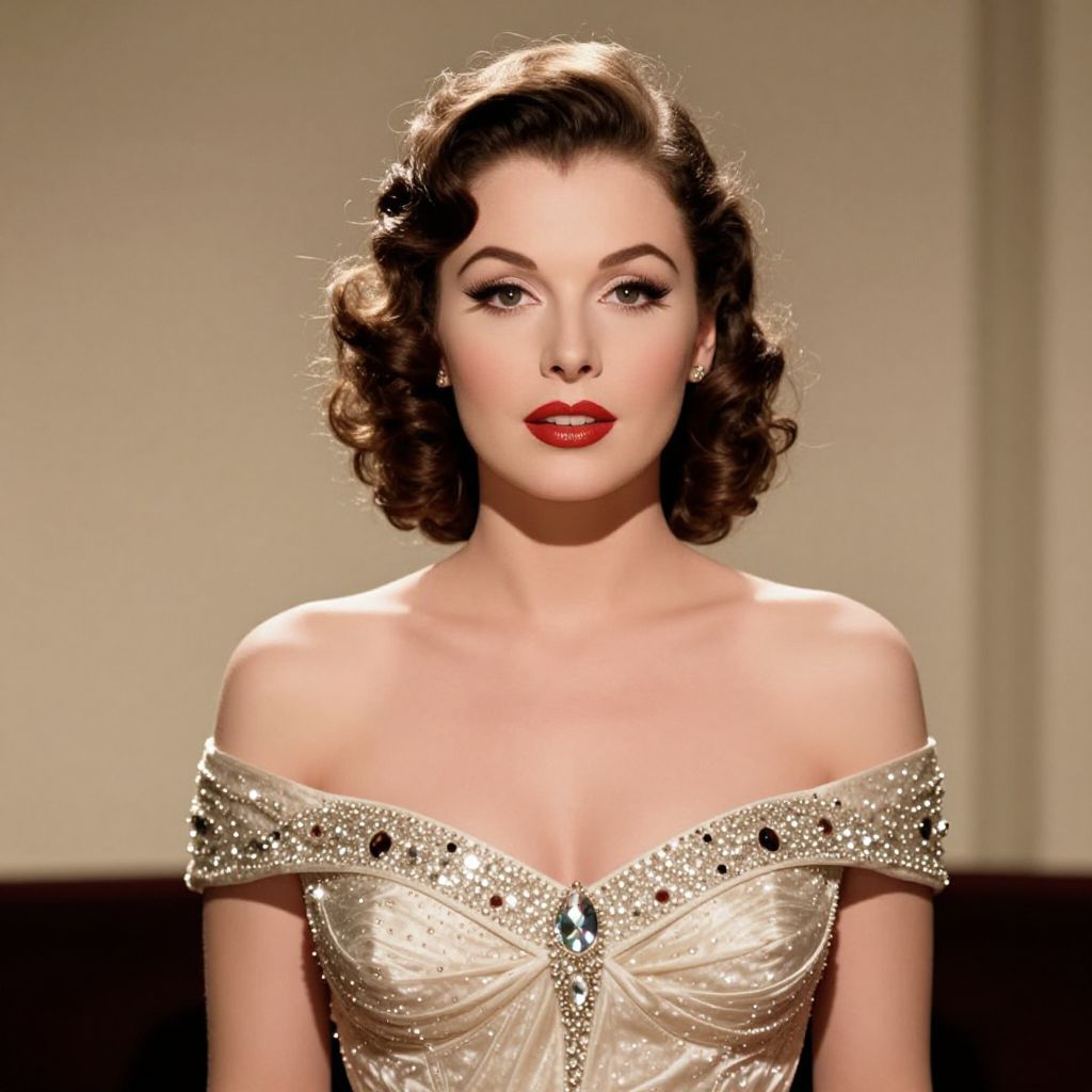 Vintage Hollywood Glamour Woman in Elegant Pearl-Embellished Gown
