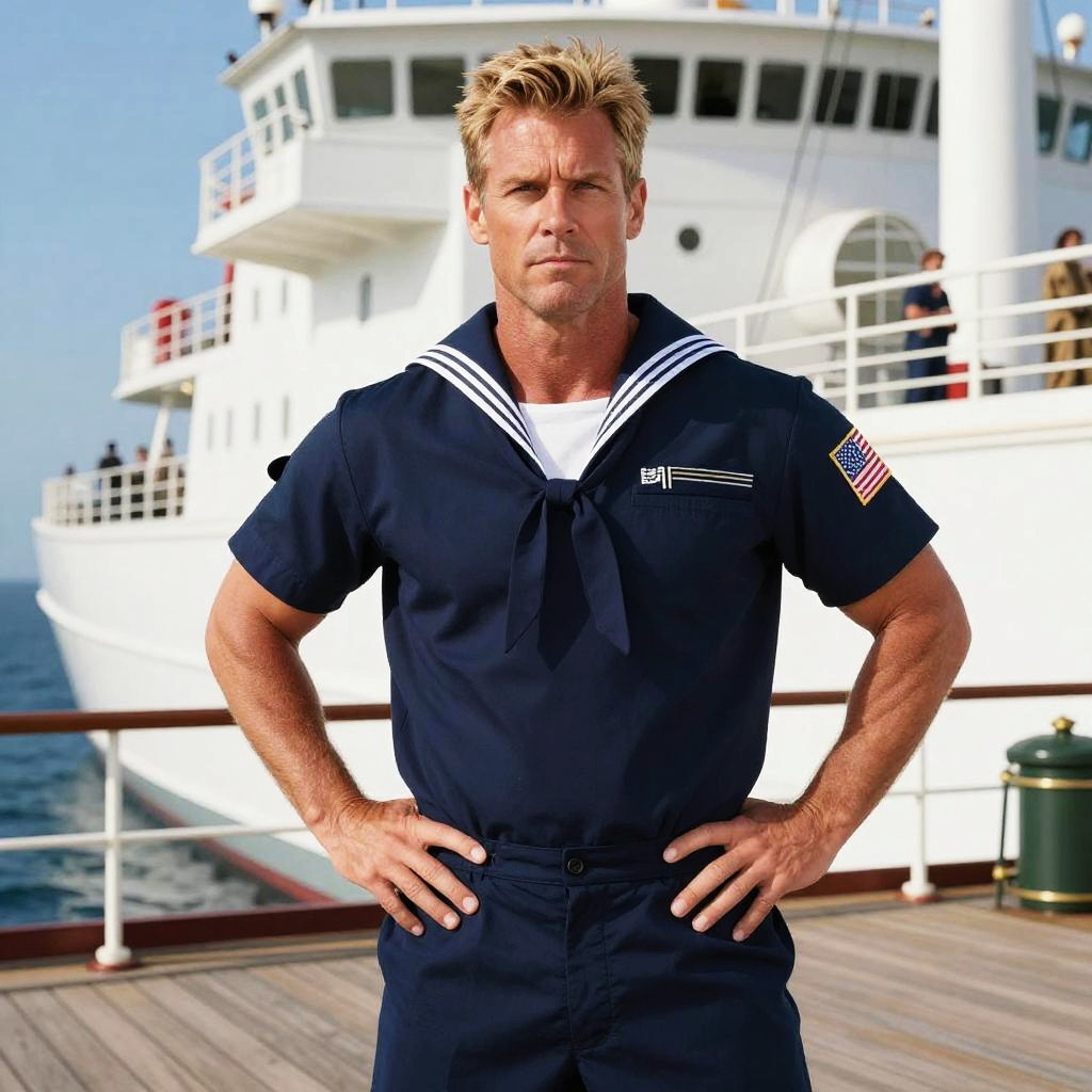 Man in Classic U.S. Navy Sailor Uniform on Ship Deck