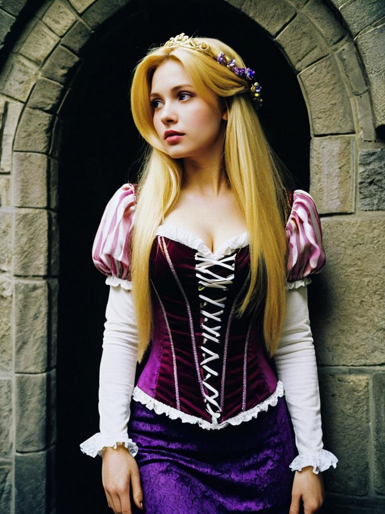 Woman in Stylish Rapunzel Costume with Corset and Long Blonde Hair
