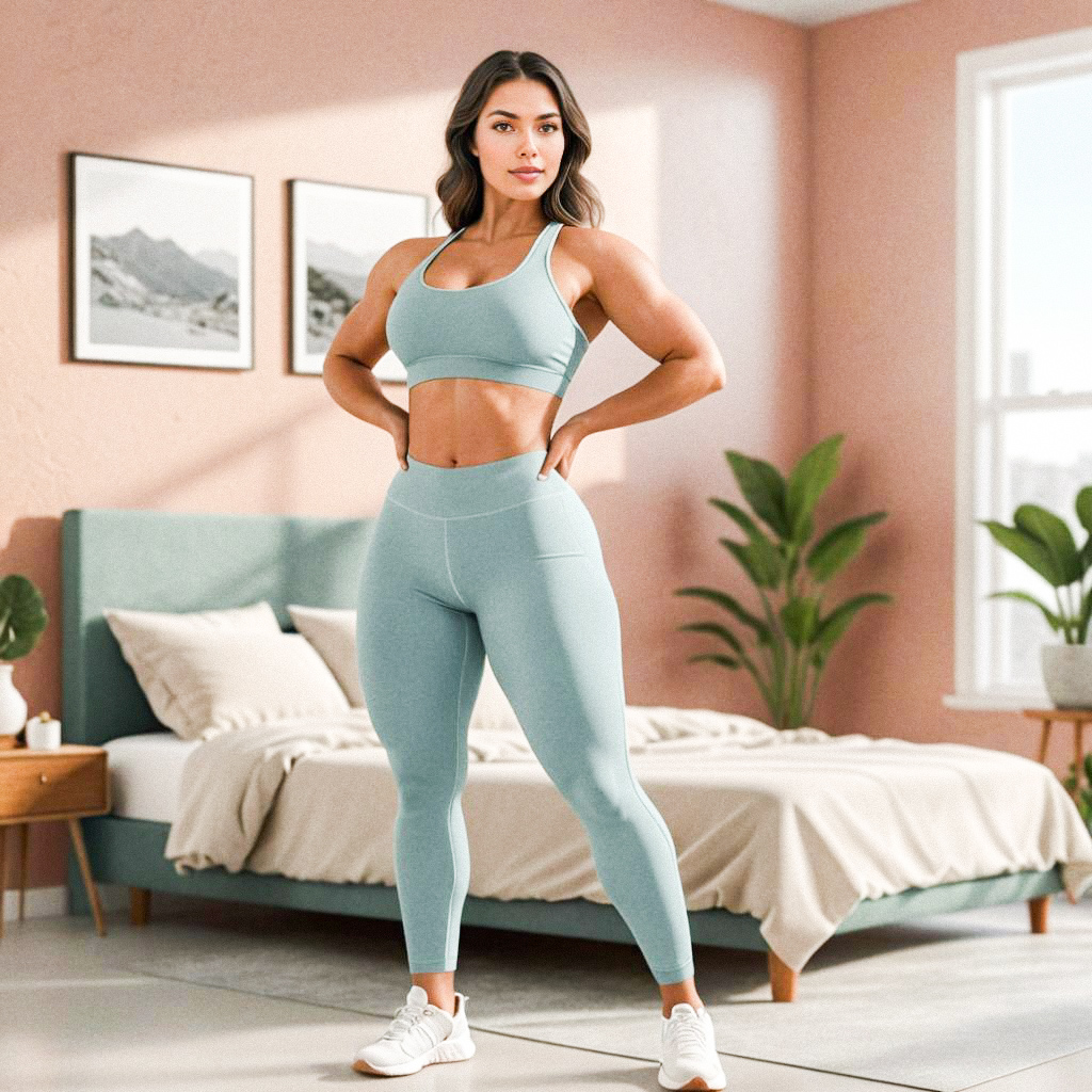 Fit Woman in Stylish Workout Apparel in Serene Bedroom