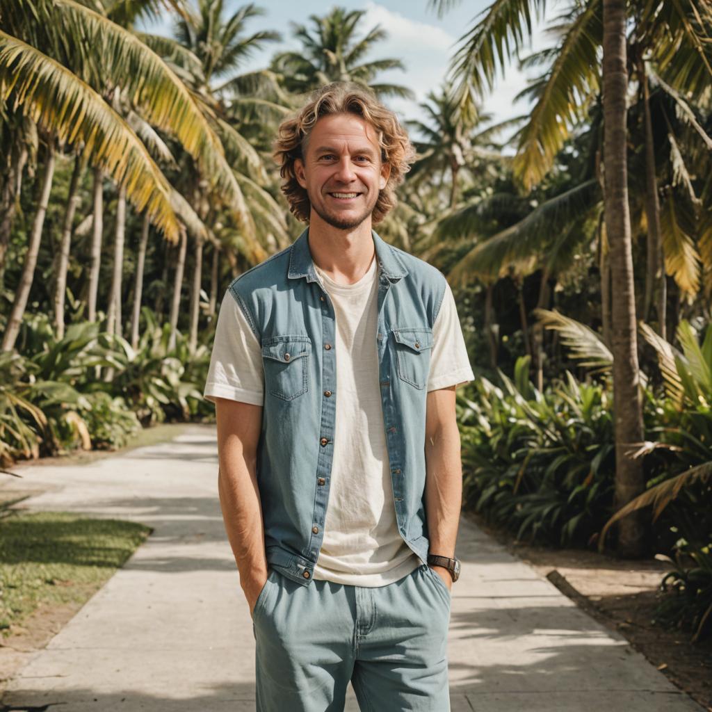 Smiling man on palm-lined path in tropical setting