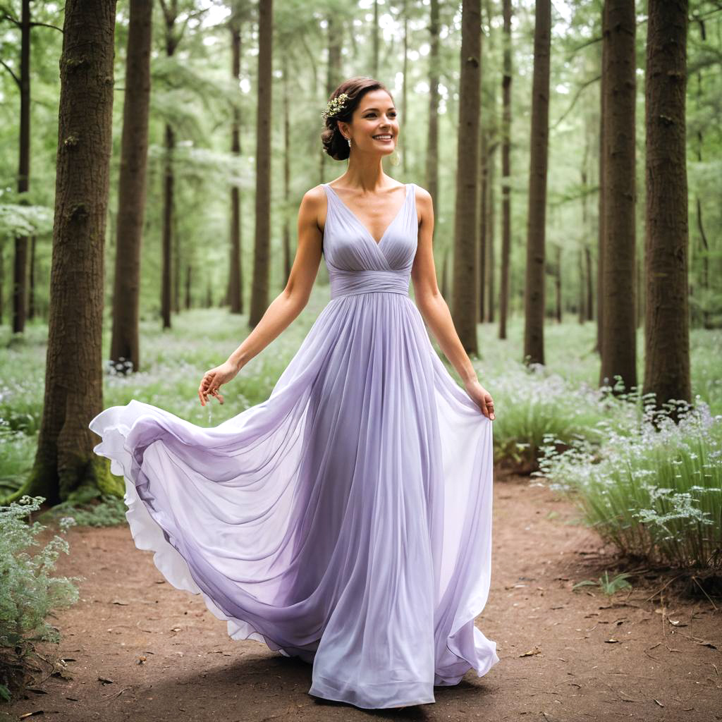 Elegant Woman in Lavender Gown in Serene Forest