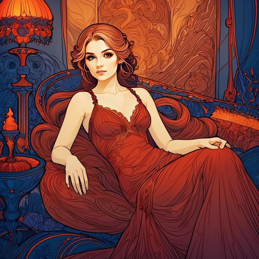 Elegant Woman in Red Gown on Ornate Couch Elegant Woman in Red Gown on Ornate Couch
