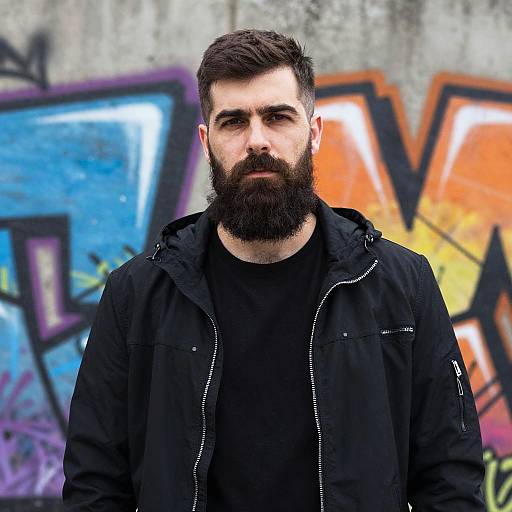 Bearded Man in Black Jacket Standing by Colorful Urban Graffiti Wall