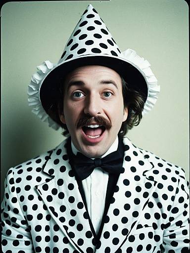 Man in Funny Fancy Dress Outfit with Polka Dot Pattern and Bow Tie