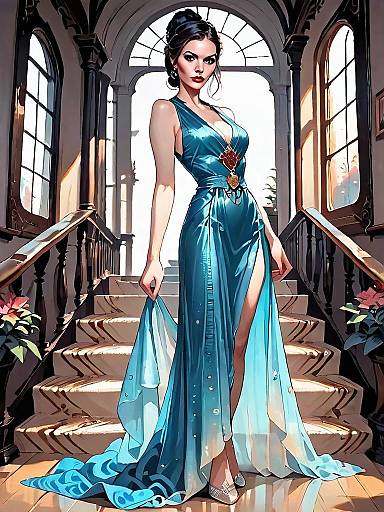 Glamorous Woman in Elegant Blue Gown on Grand Staircase Realistic Comic Art