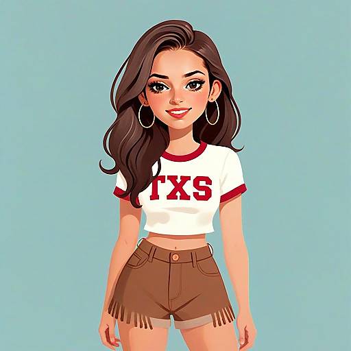 Stylish Woman in White Ringer T-Shirt and Brown Fringe Shorts Digital Illustration