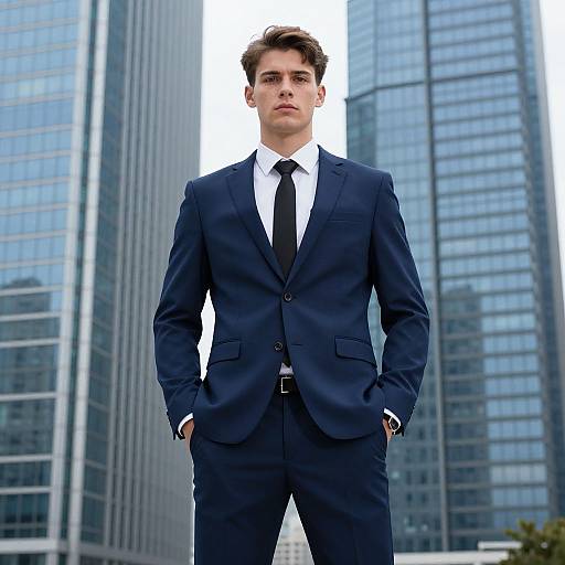 Confident Young Businessman in Navy Suit with Urban Skyscrapers