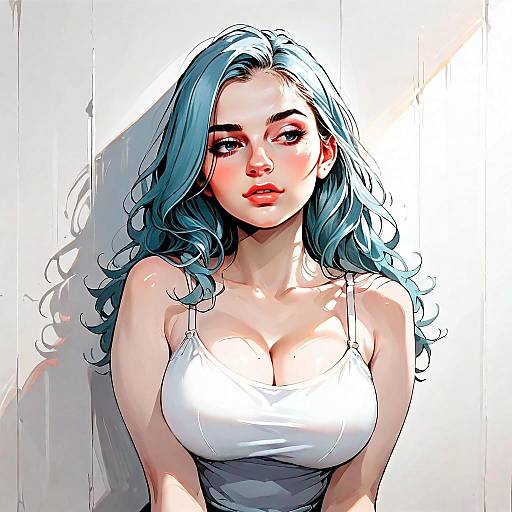 Digital Illustration of Woman with Blue Hair in White Tank Top