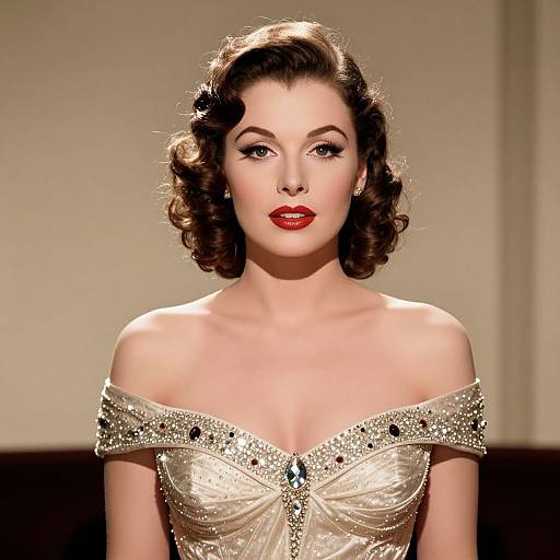 Vintage Hollywood Glamour Woman in Elegant Pearl-Embellished Gown