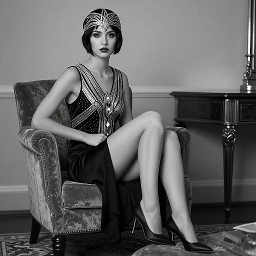Elegant Woman in 1920s Flapper Dress and Headband Sitting in Vintage Chair