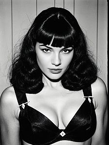 Woman in Bettie Page Bangs Hairstyle and Leather Costume Black and White Portrait