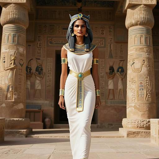 Ancient Egyptian Woman in Traditional Dress at Historic Temple