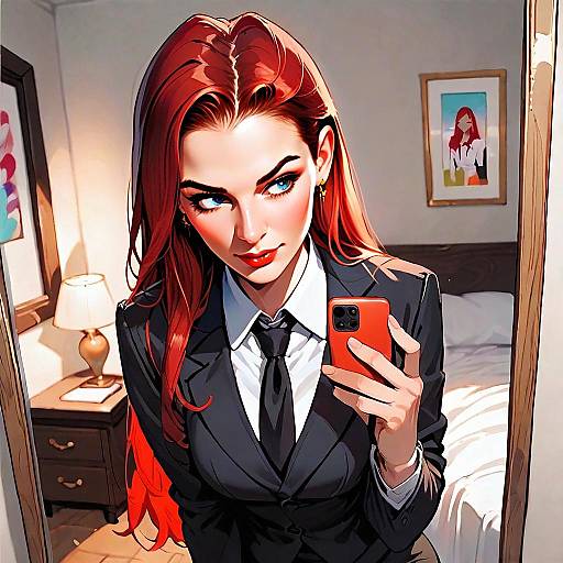 Stylized Portrait of a Red-Haired Woman Taking a Selfie in a Black Suit