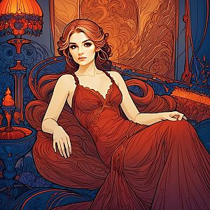 Elegant Woman in Red Gown on Ornate Couch
