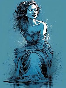 Thoughtful Woman Illustration in Vibrant Blues