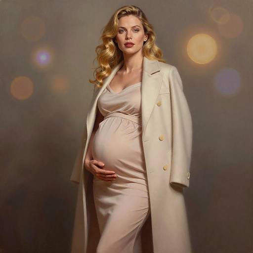 Elegant Pregnant Woman in Beige Dress and Coat with Bokeh Background