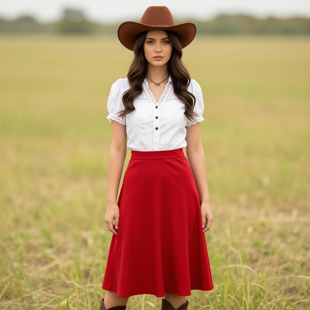 Woman in Western Cowboy Hat and Red Skirt in Open Field