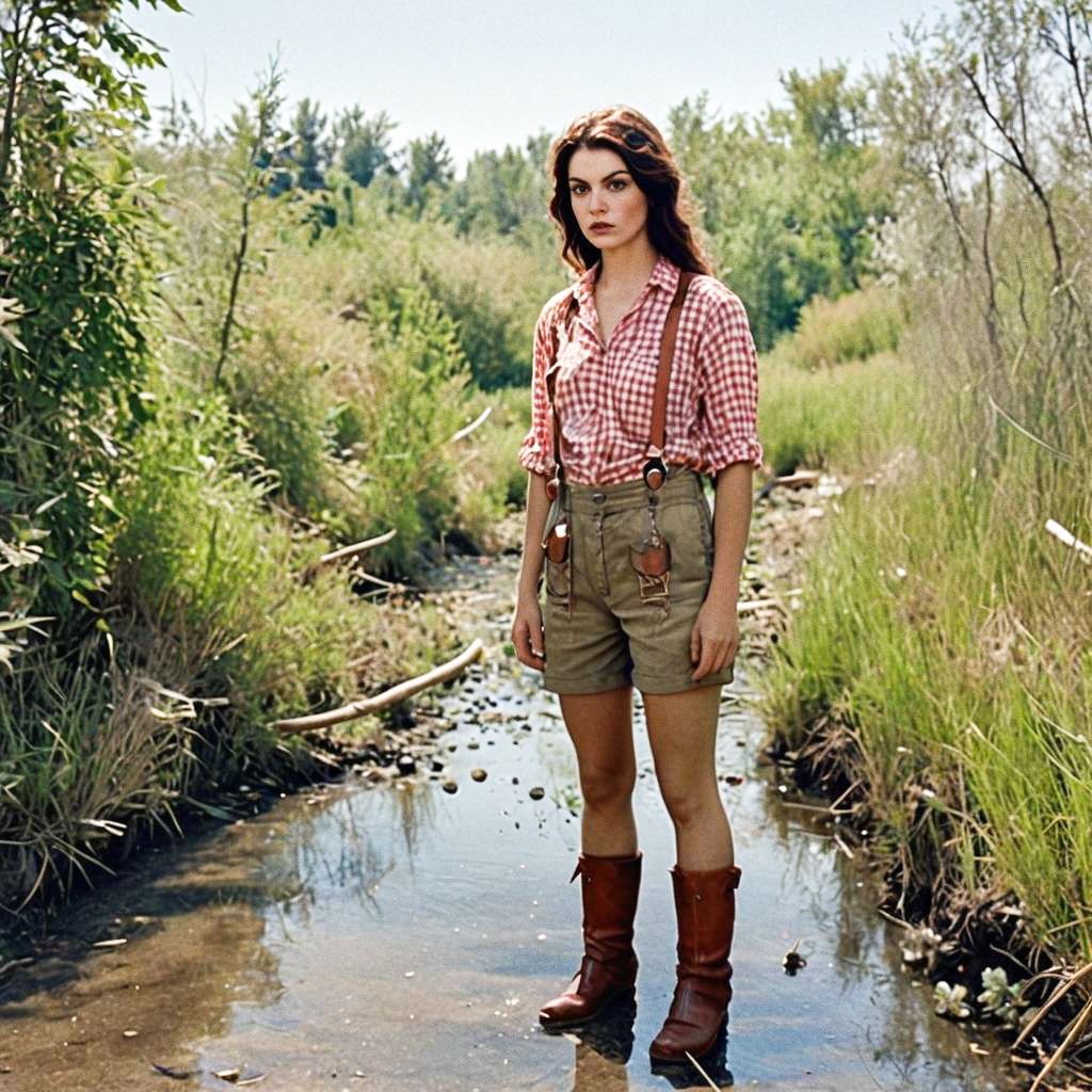 Stylish Woman in Stream with Gingham Shirt and Leather Boots