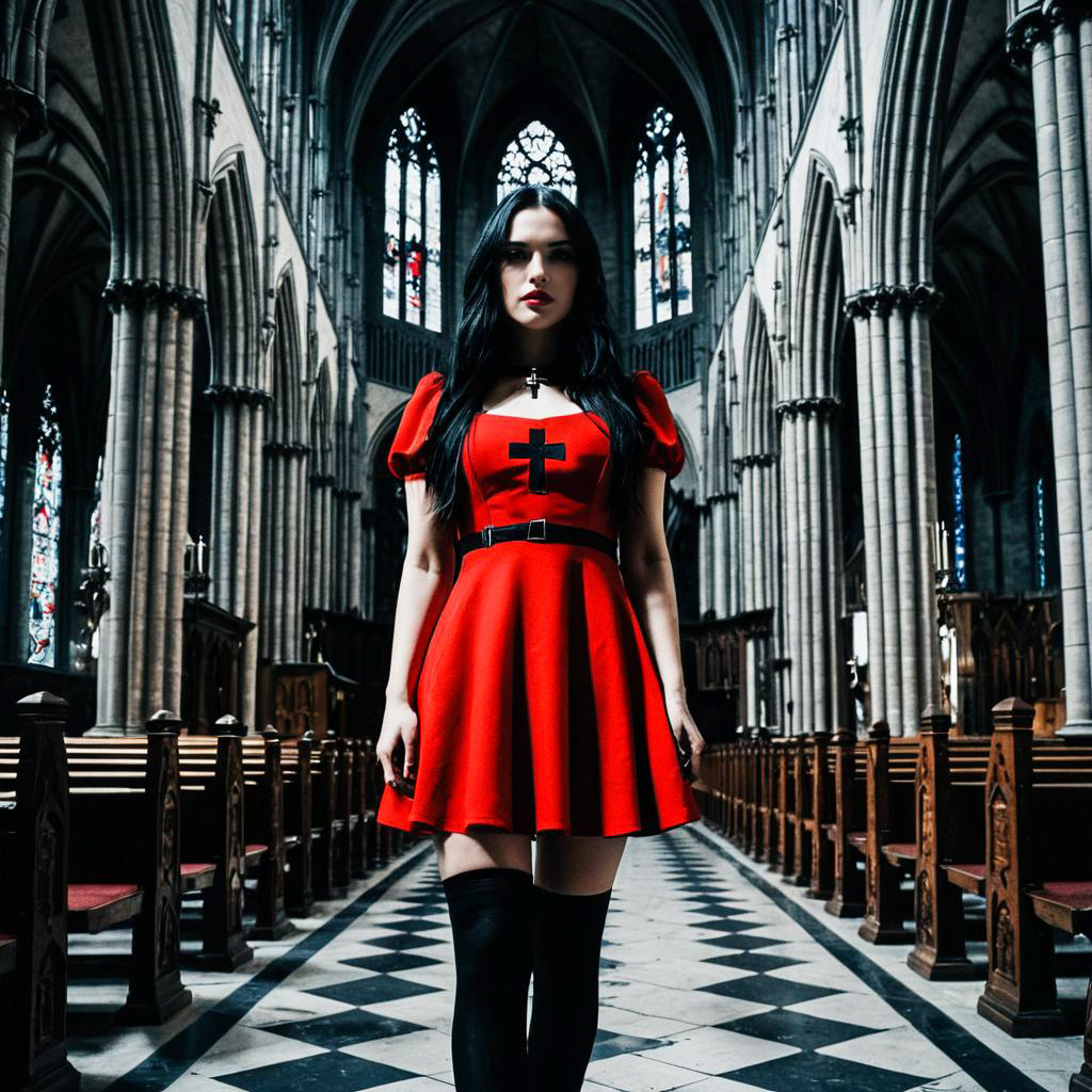 Woman in Red Dress in Gothic Cathedral Woman in Red Dress in Gothic Cathedral