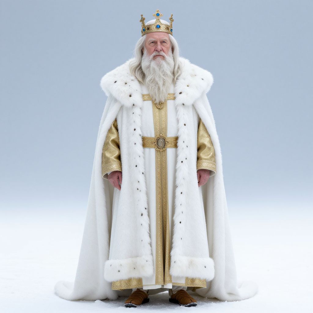 Regal Elderly Man in Royal Golden and White Fur Cloak with Crown
