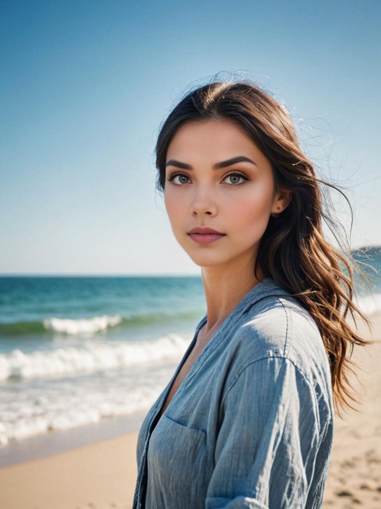 Woman in Denim Shirt at Beach