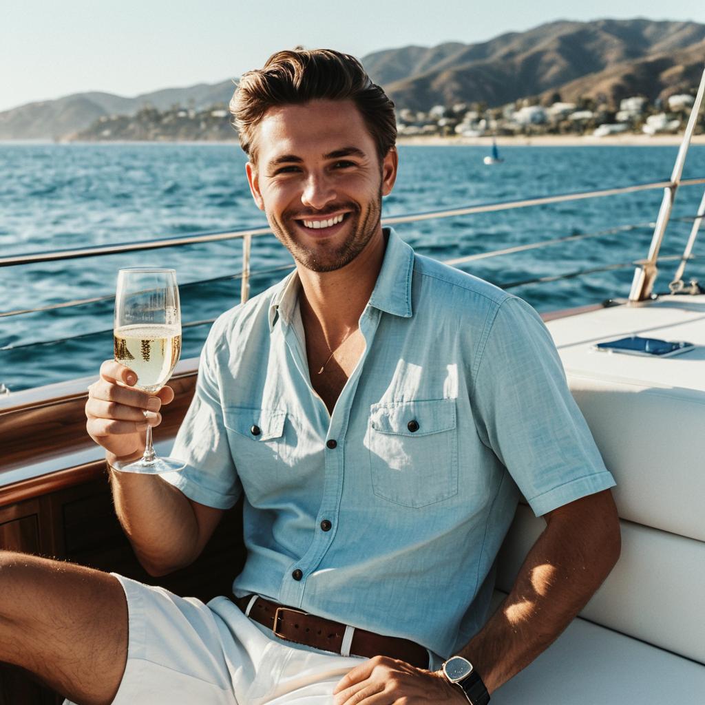 Smiling Man on Yacht Enjoying Champagne by the Coast