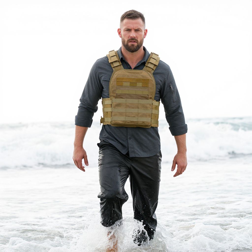 Man Wearing Tactical Vest Walking Through Ocean Water