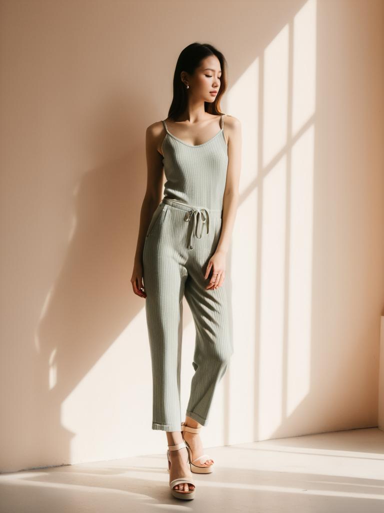 Woman Wearing Olive Green Fitted Ribbed Jumpsuit in Athletic Leisure Style