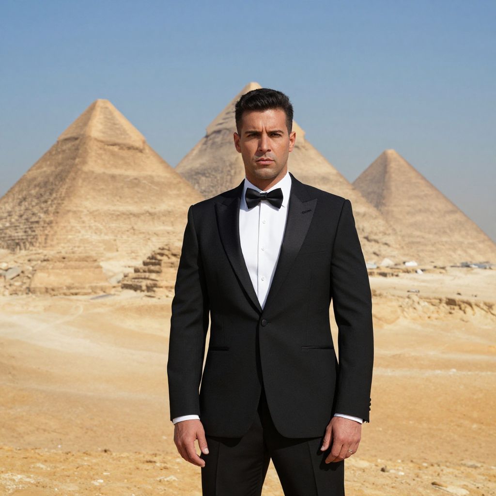 Man in Tuxedo Standing by the Pyramids of Giza Desert