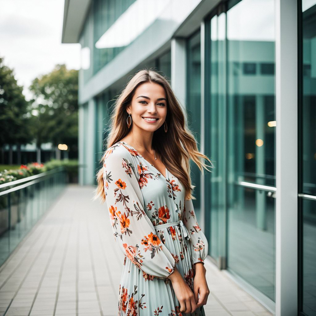 Young Woman in Floral Dress by Modern Glass Building
