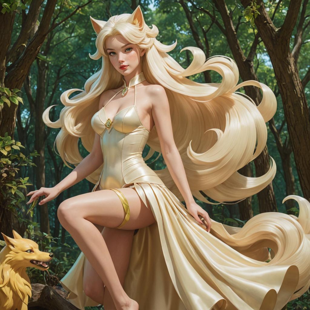 Woman Humanised as Ninetales in Lush Forest